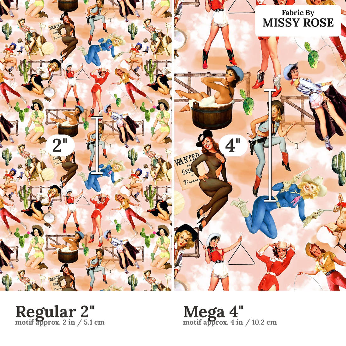 Design 594 Pinup Cowgirl Fabric size comparison - print scale | Fabric by Missy Rose