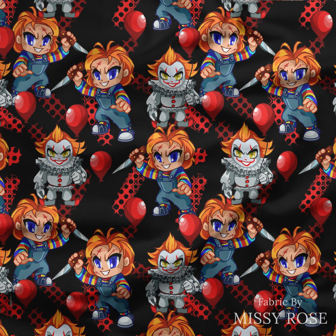 Design 595 Chucky Fabric draped fabric mockup – custom printed fabric by the metre | Fabric by Missy Rose