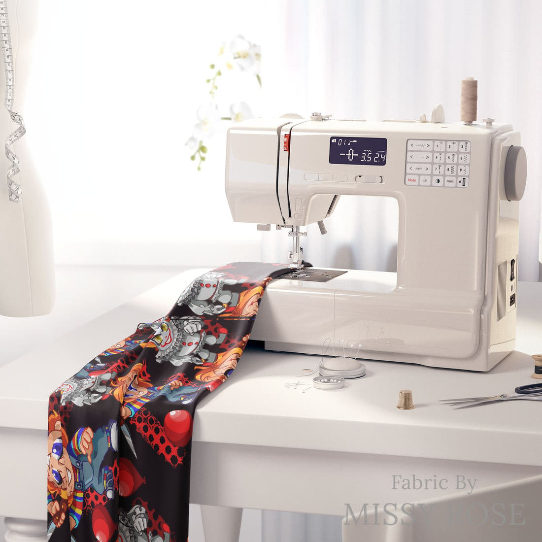 Design 595 Chucky Fabric on a sewing machine – premium fabric for sewing projects | Fabric by Missy Rose