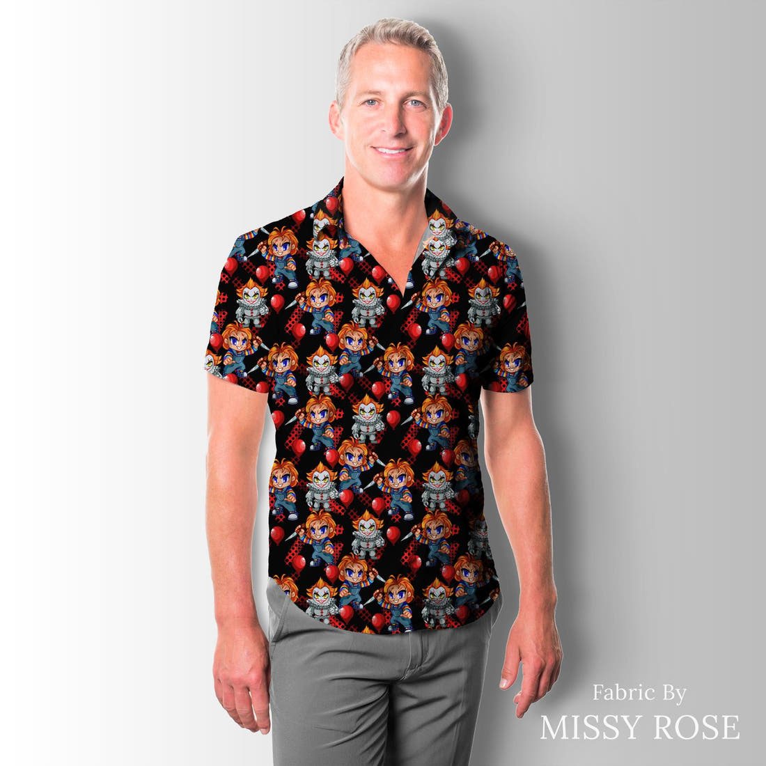 Design 595 Chucky Fabric sewn into a men's shirt – see how the print looks made up | Fabric by Missy Rose
