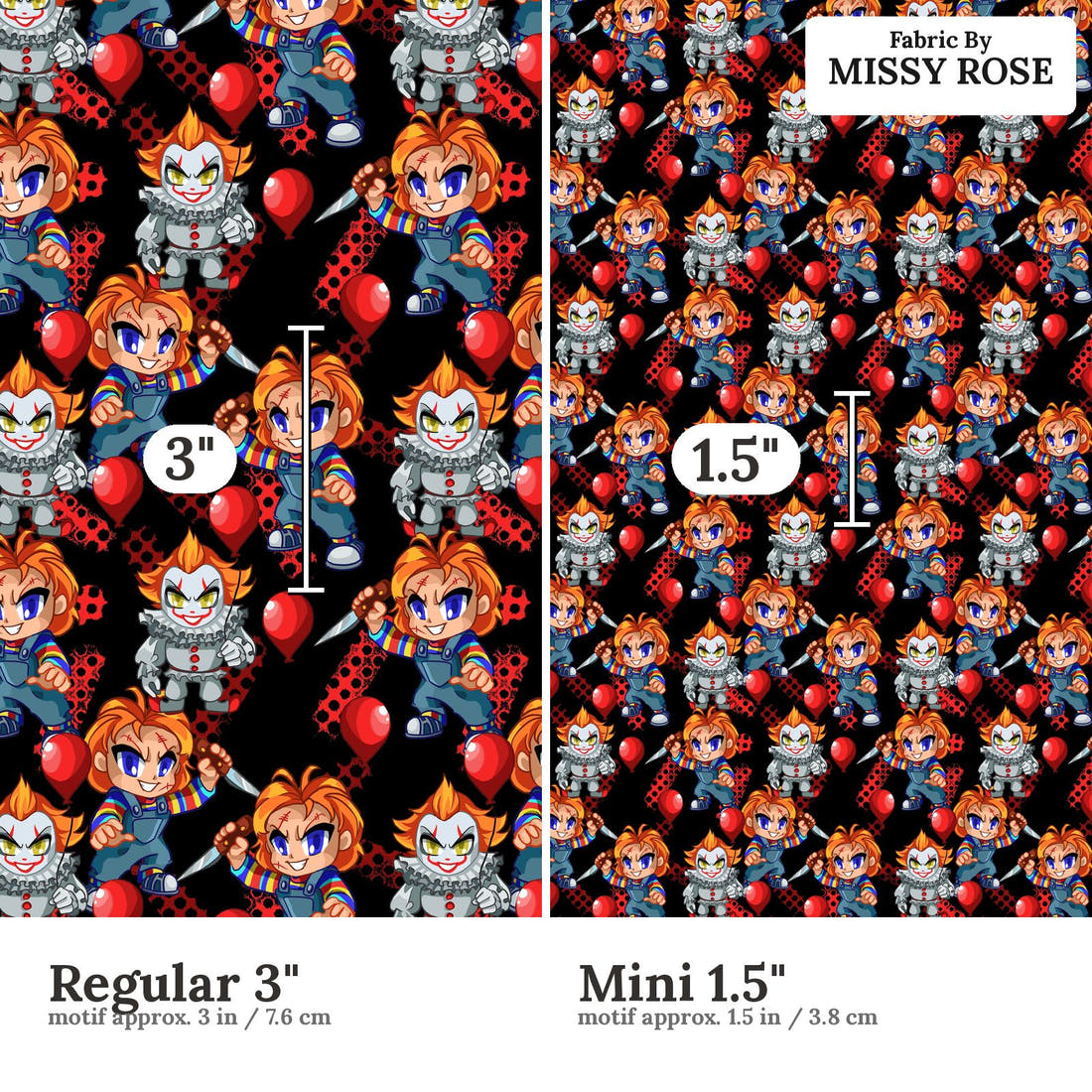 Design 595 Chucky Fabric size comparison - print scale | Fabric by Missy Rose