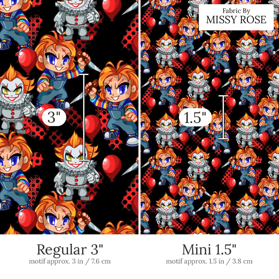 Design 595 Chucky Fabric Regular 3 inch vs Mini 1.5 inch print scale side by side | Fabric by Missy Rose