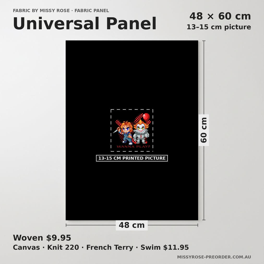 Design 595 Chucky Panel universal panel sizing – 13–15 cm printed picture on 48 × 60 cm fabric | Fabric by Missy Rose