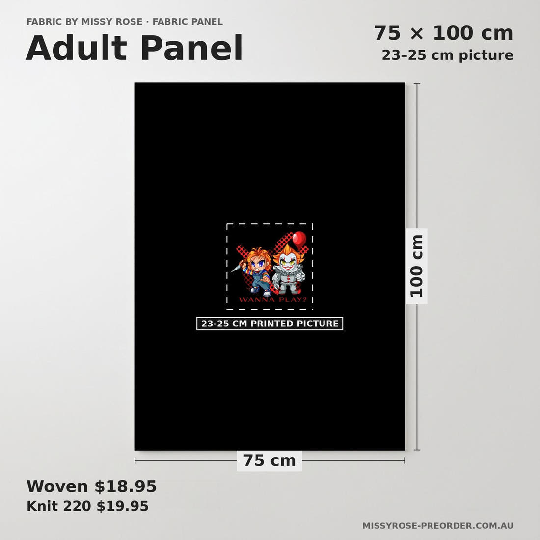 Design 595 Chucky Panel adult panel sizing – 23–25 cm printed picture on 75 × 100 cm fabric | Fabric by Missy Rose