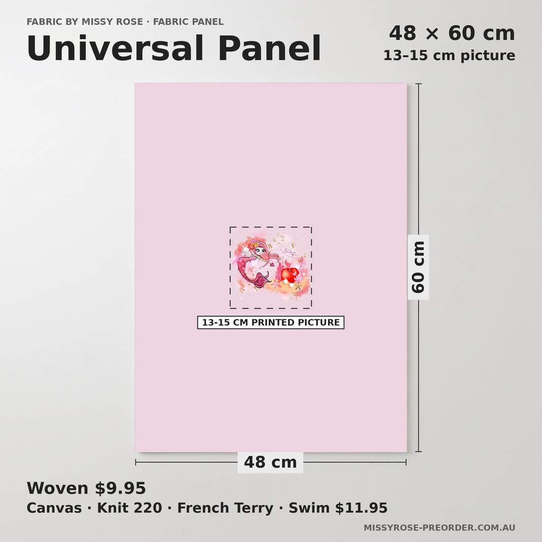 Design 596 Valentines Mermaid Panel universal panel sizing – 13–15 cm printed picture on 48 × 60 cm fabric | Fabric by Missy Rose