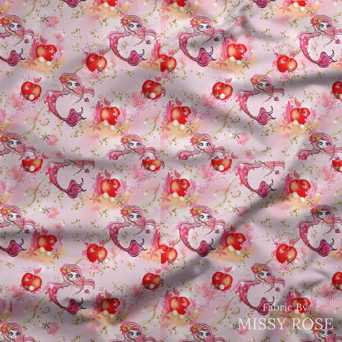 Design 596 Valentines Mermaid Fabric draped fabric mockup – custom printed fabric by the metre | Fabric by Missy Rose