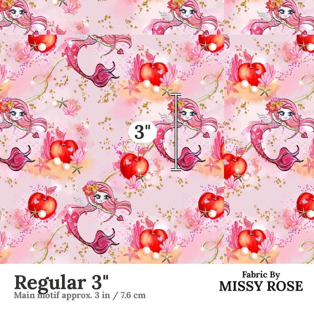 Design 596 Valentines Mermaid Fabric Regular 3" - print scale | Fabric by Missy Rose