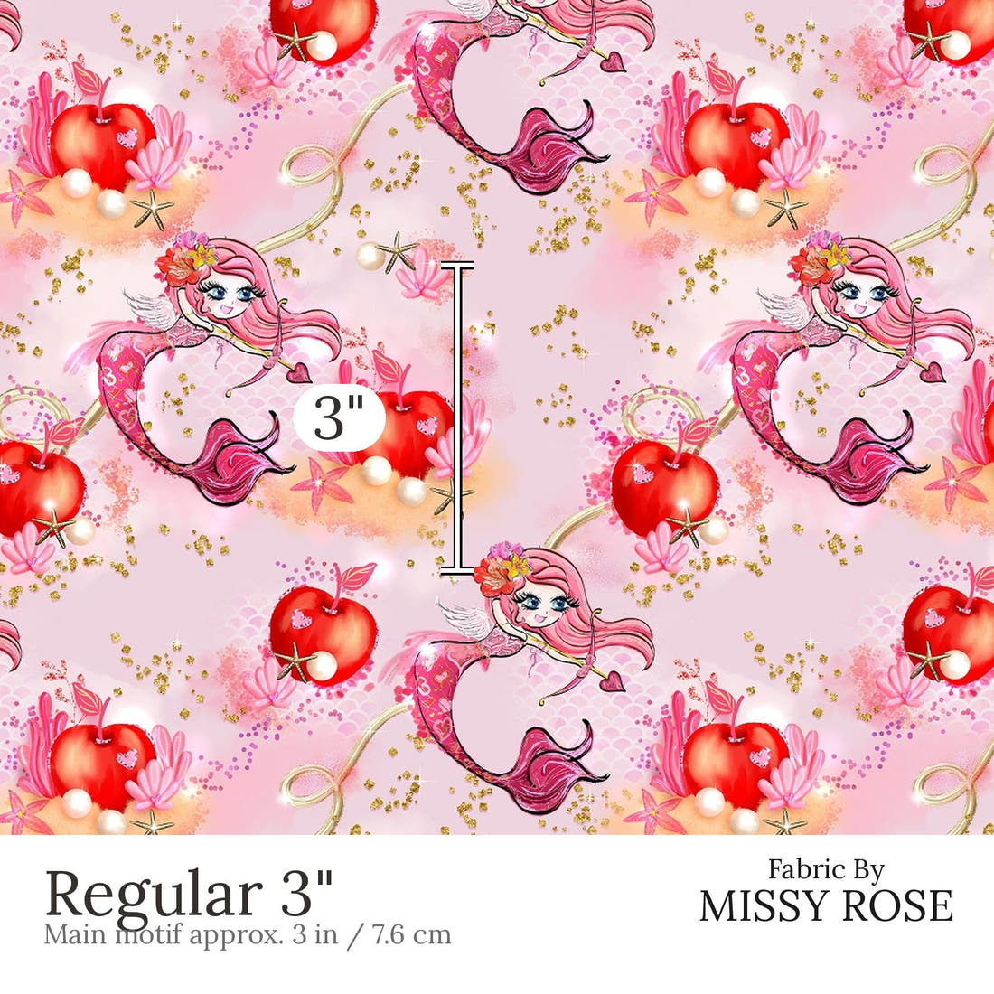 Design 596 Valentines Mermaid Fabric Regular 3 inch print scale guide | Fabric by Missy Rose