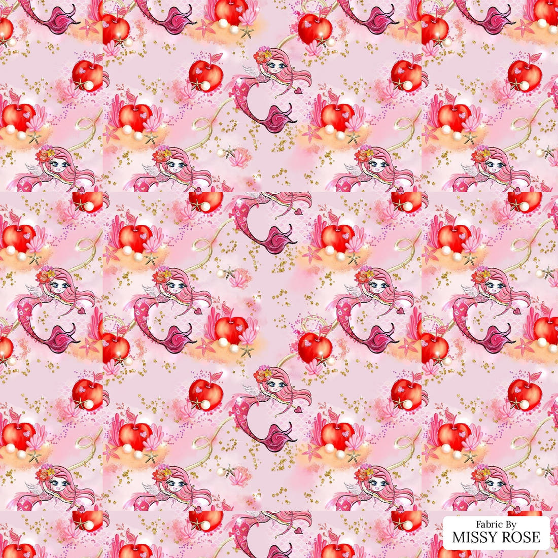 Design 596 Valentines Mermaid Fabric - flat view of the print, zoom in for detail | Fabric by Missy Rose