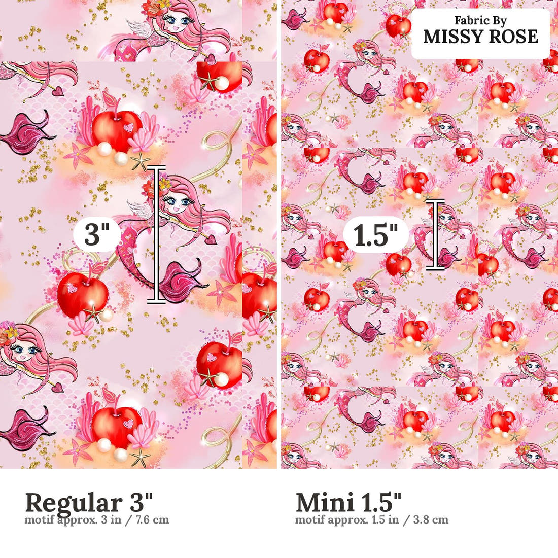 Design 596 Valentines Mermaid Fabric size comparison - print scale | Fabric by Missy Rose