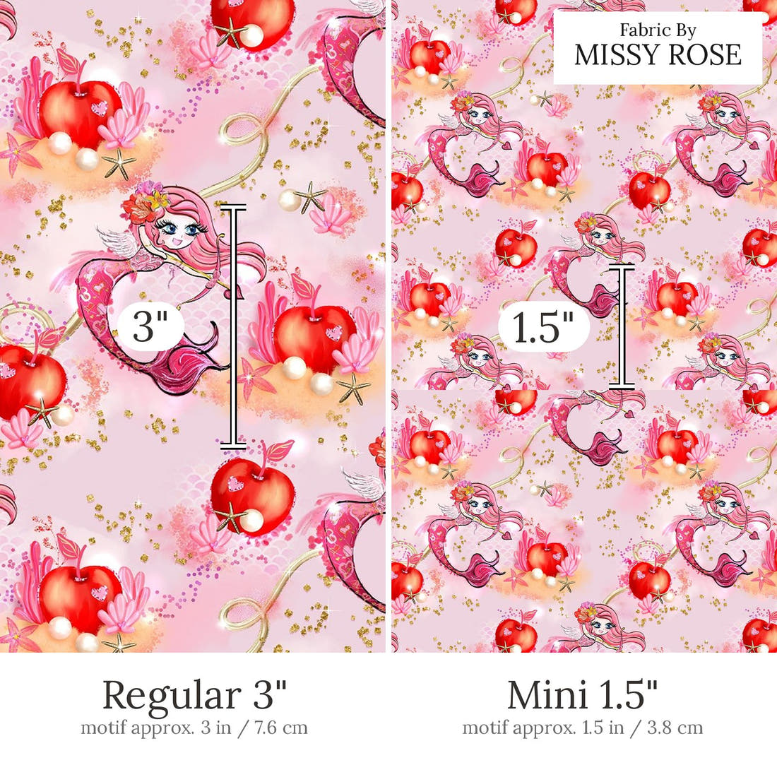 Design 596 Valentines Mermaid Fabric Regular 3 inch vs Mini 1.5 inch print scale side by side | Fabric by Missy Rose