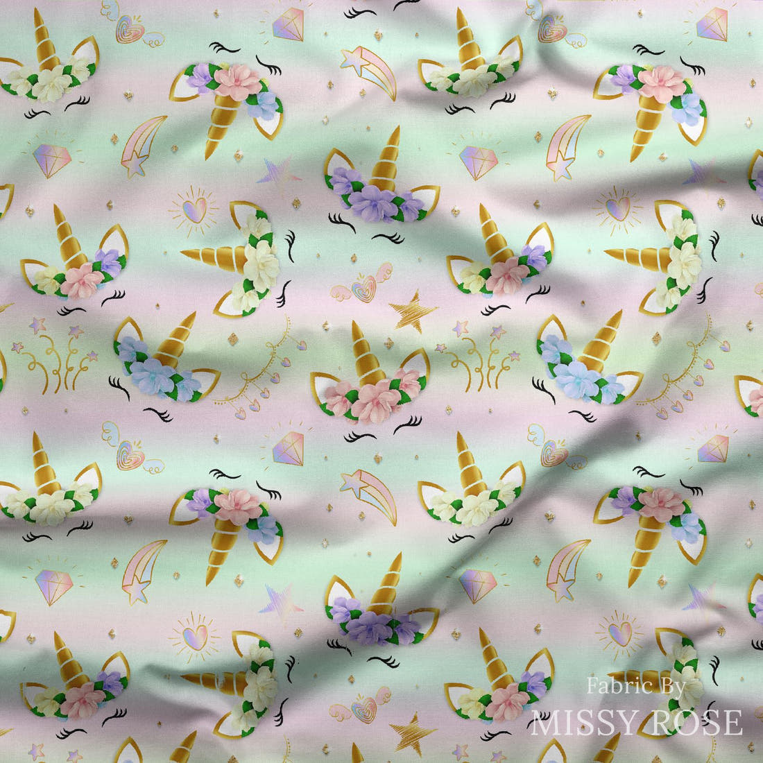 Design 597 Unicorn Face Fabric draped fabric mockup – custom printed fabric by the metre | Fabric by Missy Rose