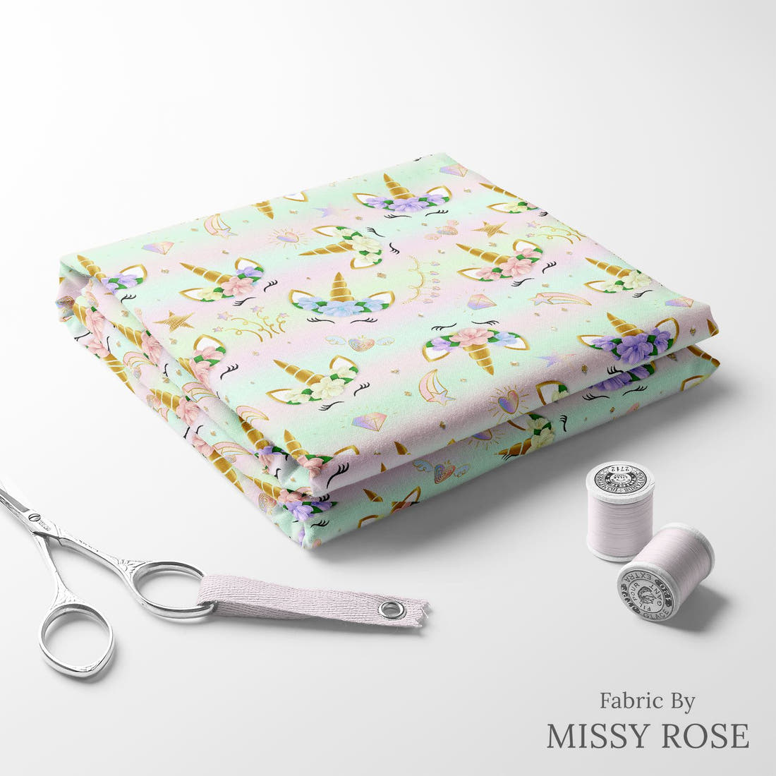 Design 597 Unicorn Face Fabric folded fabric stack with matching thread – pre-order fabric Australia | Fabric by Missy Rose