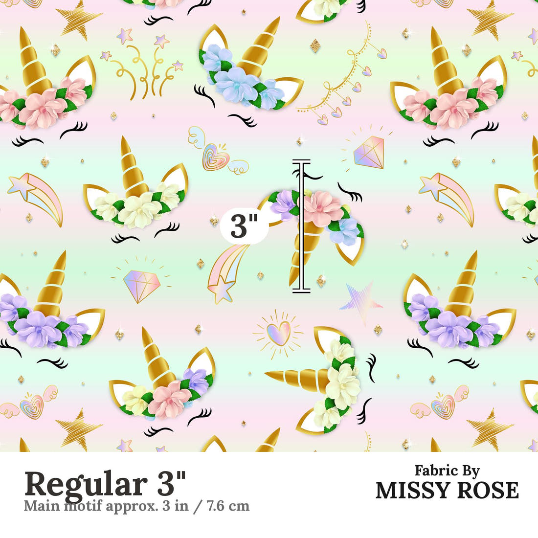Design 597 Unicorn Face Fabric Regular 3" - print scale | Fabric by Missy Rose
