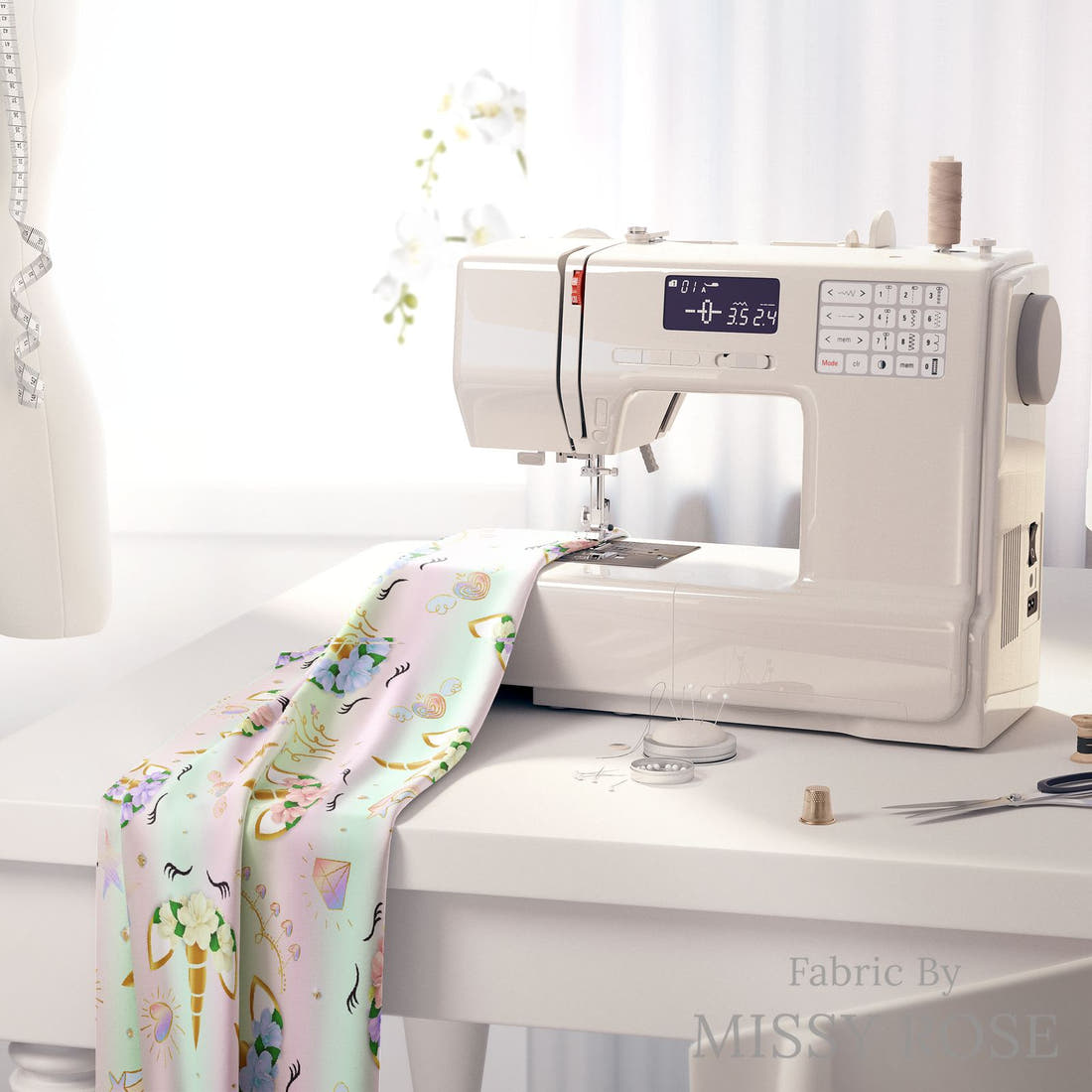 Design 597 Unicorn Face Fabric on a sewing machine – premium fabric for sewing projects | Fabric by Missy Rose