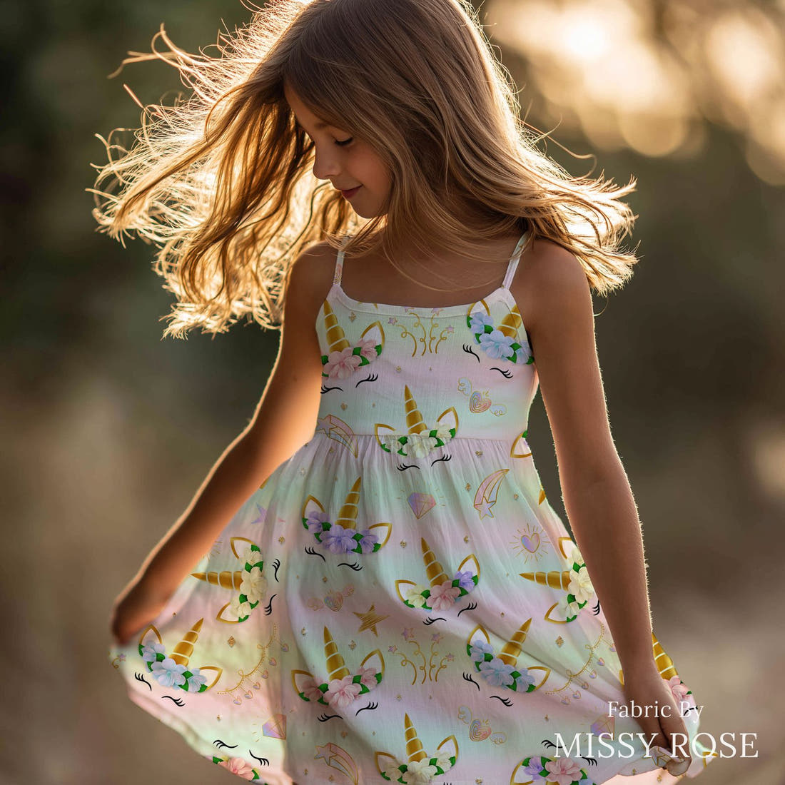 Design 597 Unicorn Face Fabric sewn into a girls' dress – see how the print looks made up | Fabric by Missy Rose