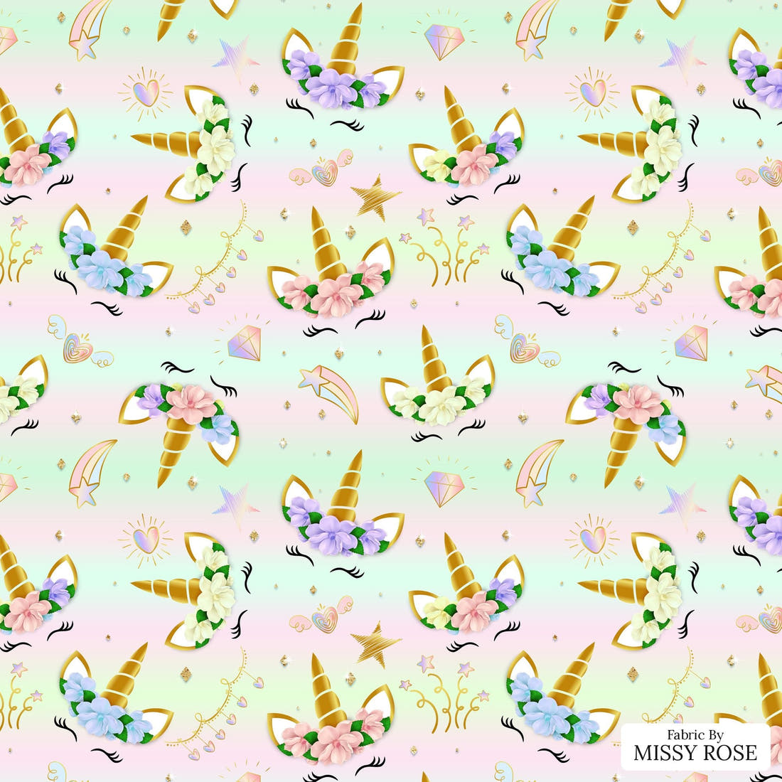 Design 597 Unicorn Face Fabric - flat view of the print, zoom in for detail | Fabric by Missy Rose