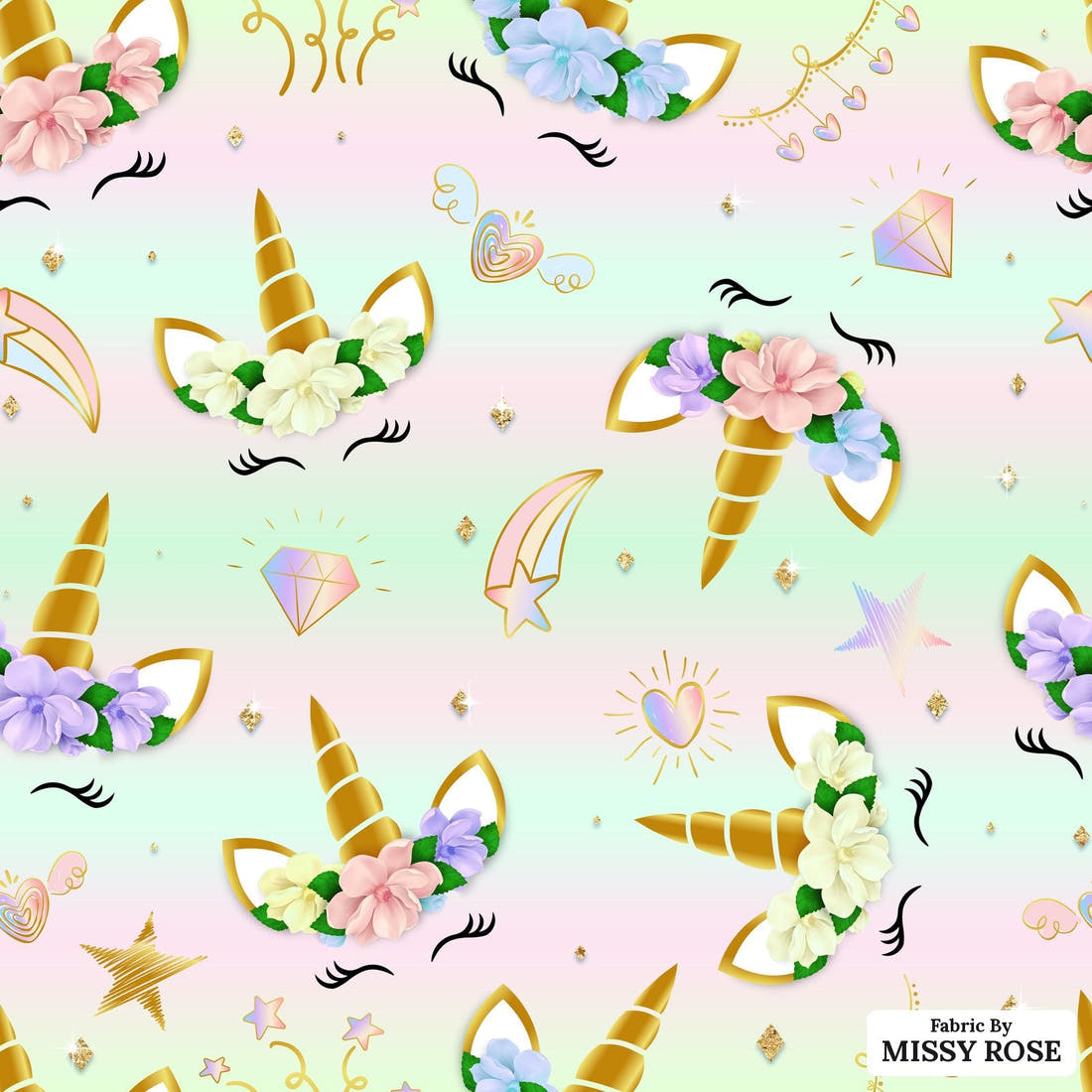 Design 597 Unicorn Face Fabric - flat view of the print, zoom in for detail | Fabric by Missy Rose