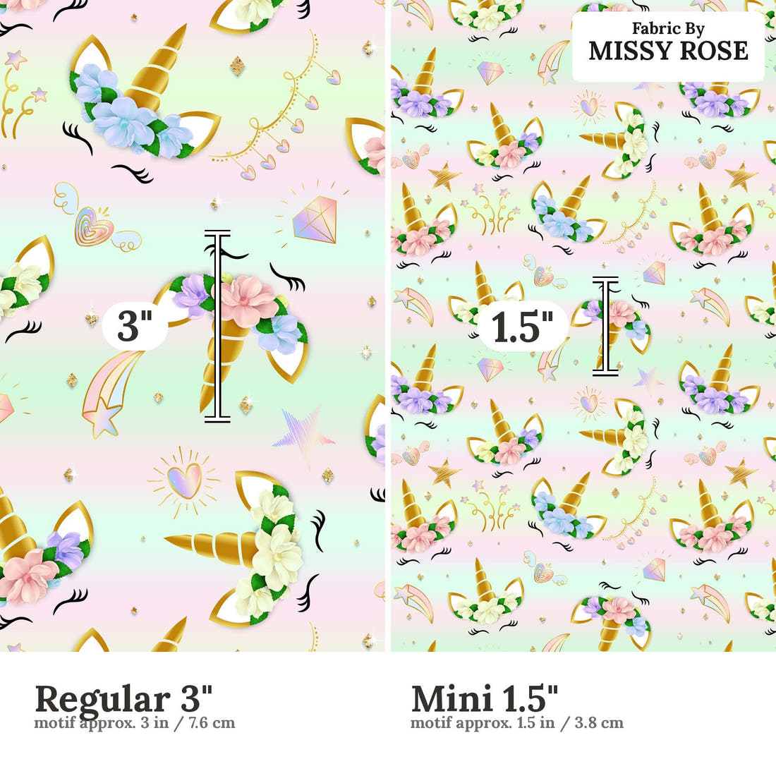Design 597 Unicorn Face Fabric size comparison - print scale | Fabric by Missy Rose