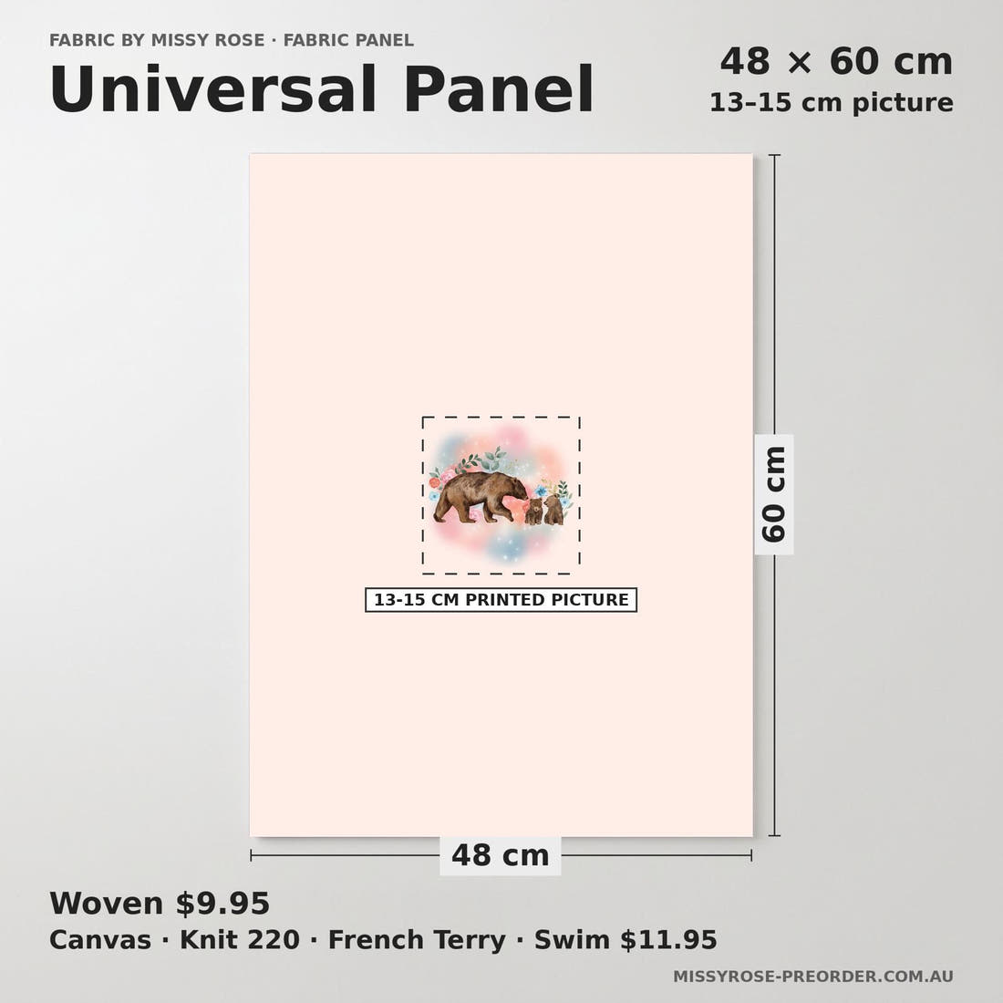 Design 598 Sweet Bear Panel universal panel sizing – 13–15 cm printed picture on 48 × 60 cm fabric | Fabric by Missy Rose