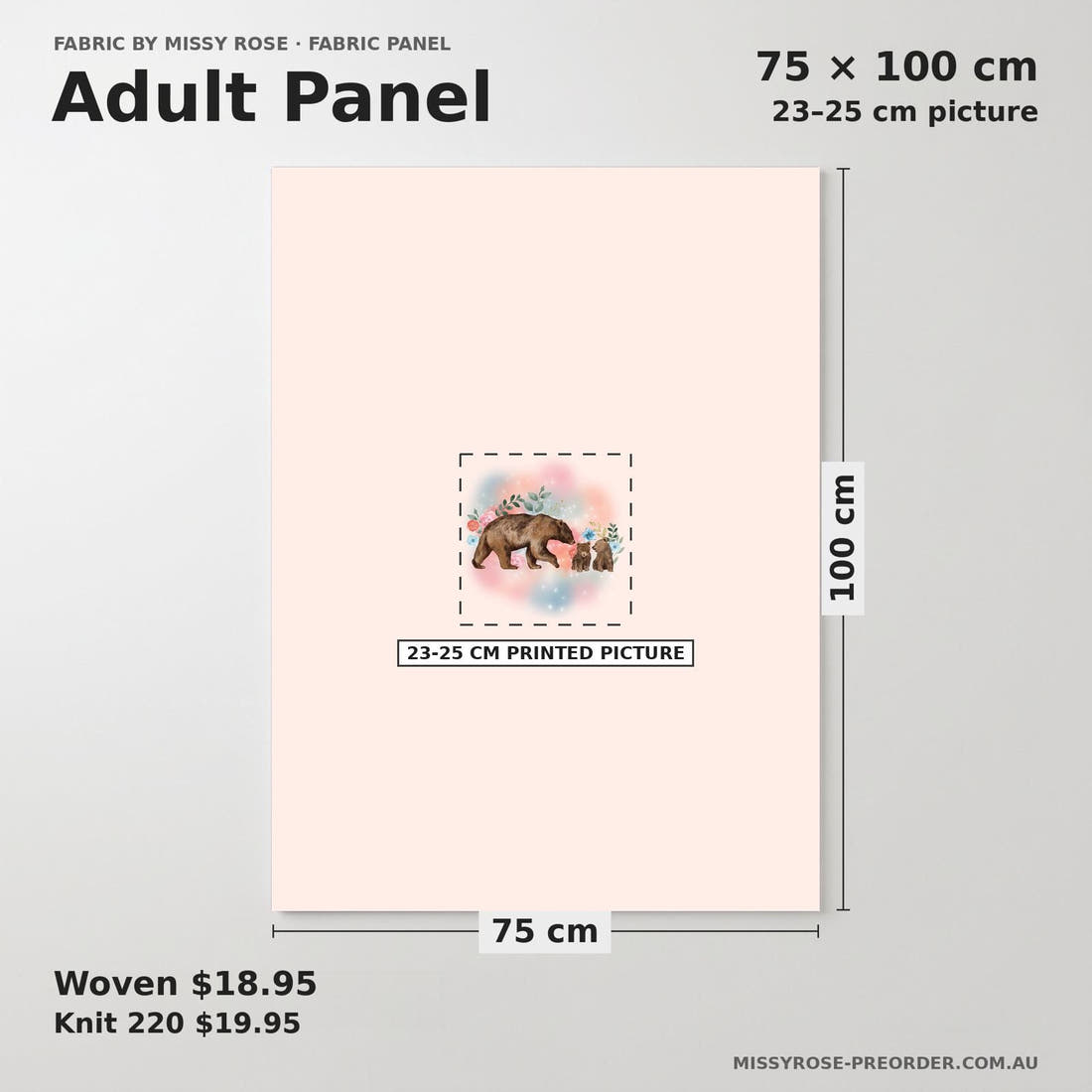 Design 598 Sweet Bear Panel adult panel sizing – 23–25 cm printed picture on 75 × 100 cm fabric | Fabric by Missy Rose