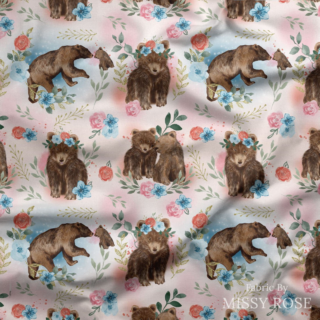 Design 598 Sweet Bear Fabric draped fabric mockup – custom printed fabric by the metre | Fabric by Missy Rose