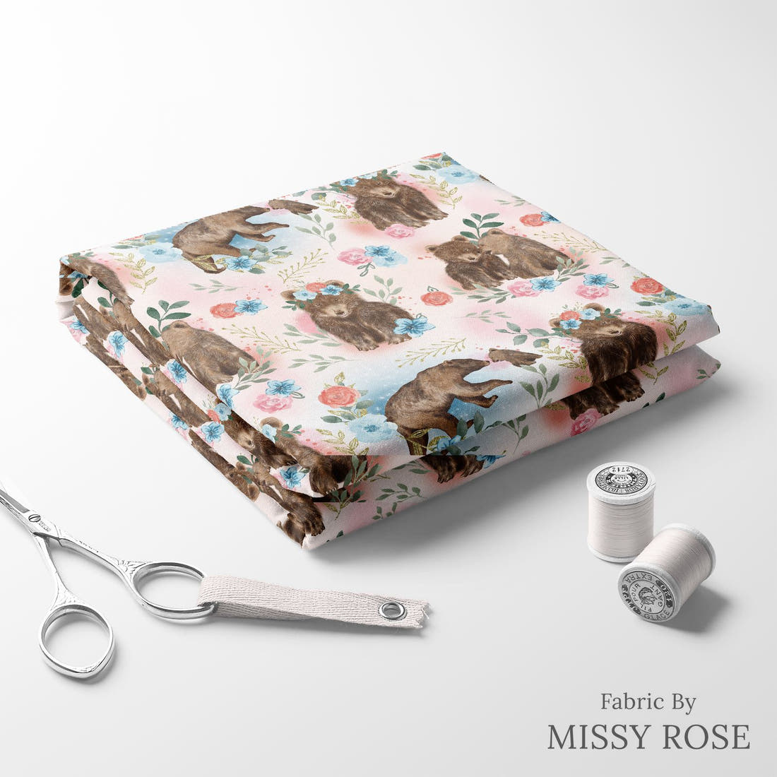 Design 598 Sweet Bear Fabric folded fabric stack with matching thread – pre-order fabric Australia | Fabric by Missy Rose