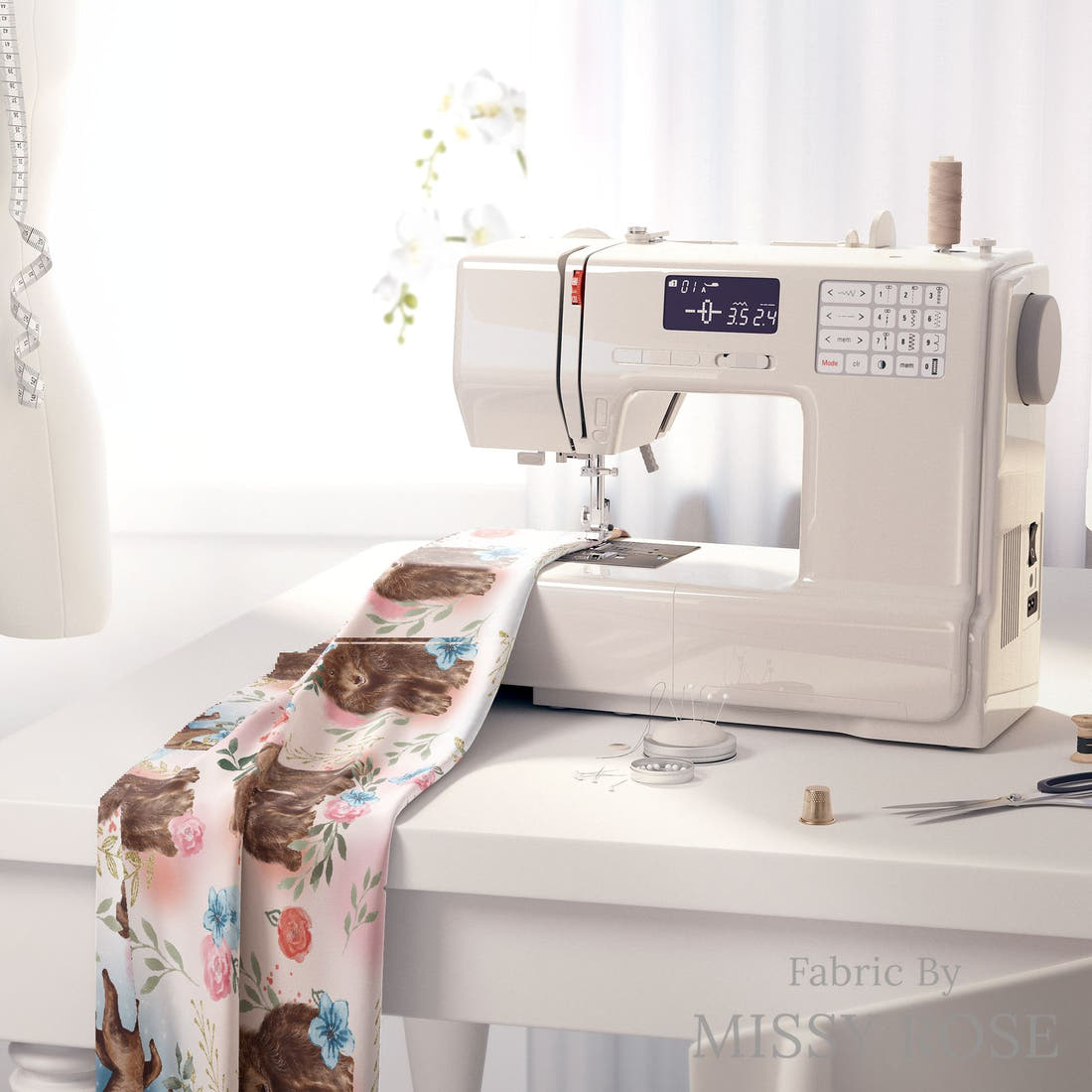 Design 598 Sweet Bear Fabric on a sewing machine – premium fabric for sewing projects | Fabric by Missy Rose