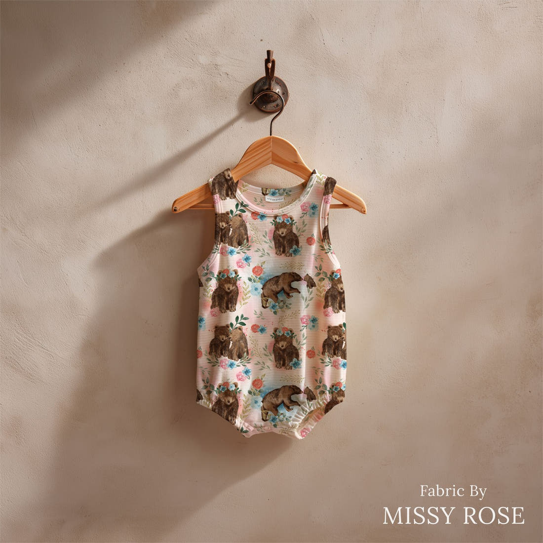 Design 598 Sweet Bear Fabric sewn into a baby romper – see how the print looks made up | Fabric by Missy Rose
