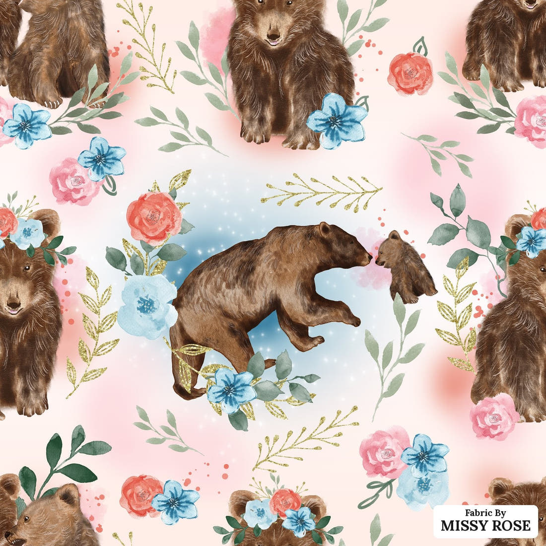 Design 598 Sweet Bear Fabric - flat view of the print, zoom in for detail | Fabric by Missy Rose