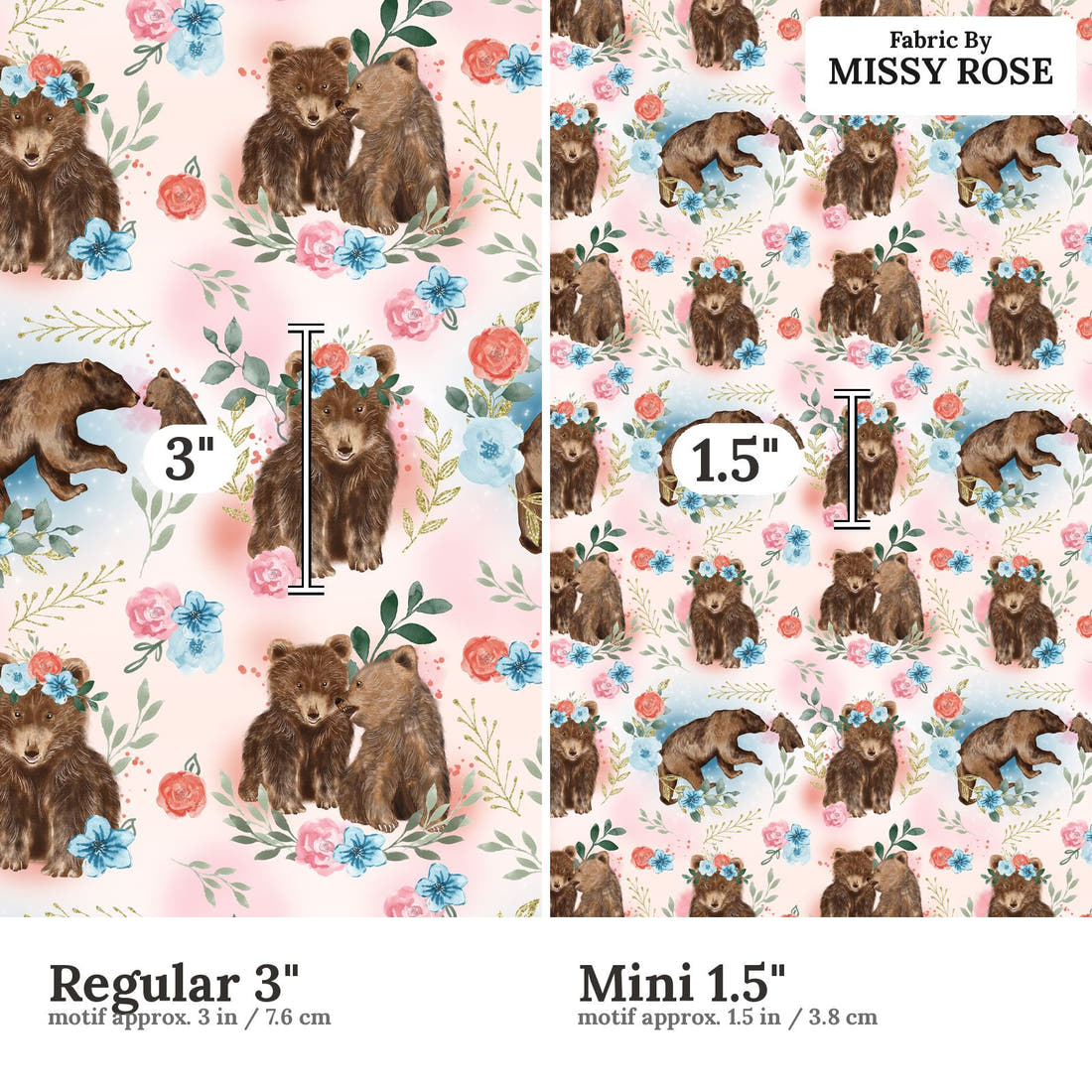 Design 598 Sweet Bear Fabric size comparison - print scale | Fabric by Missy Rose
