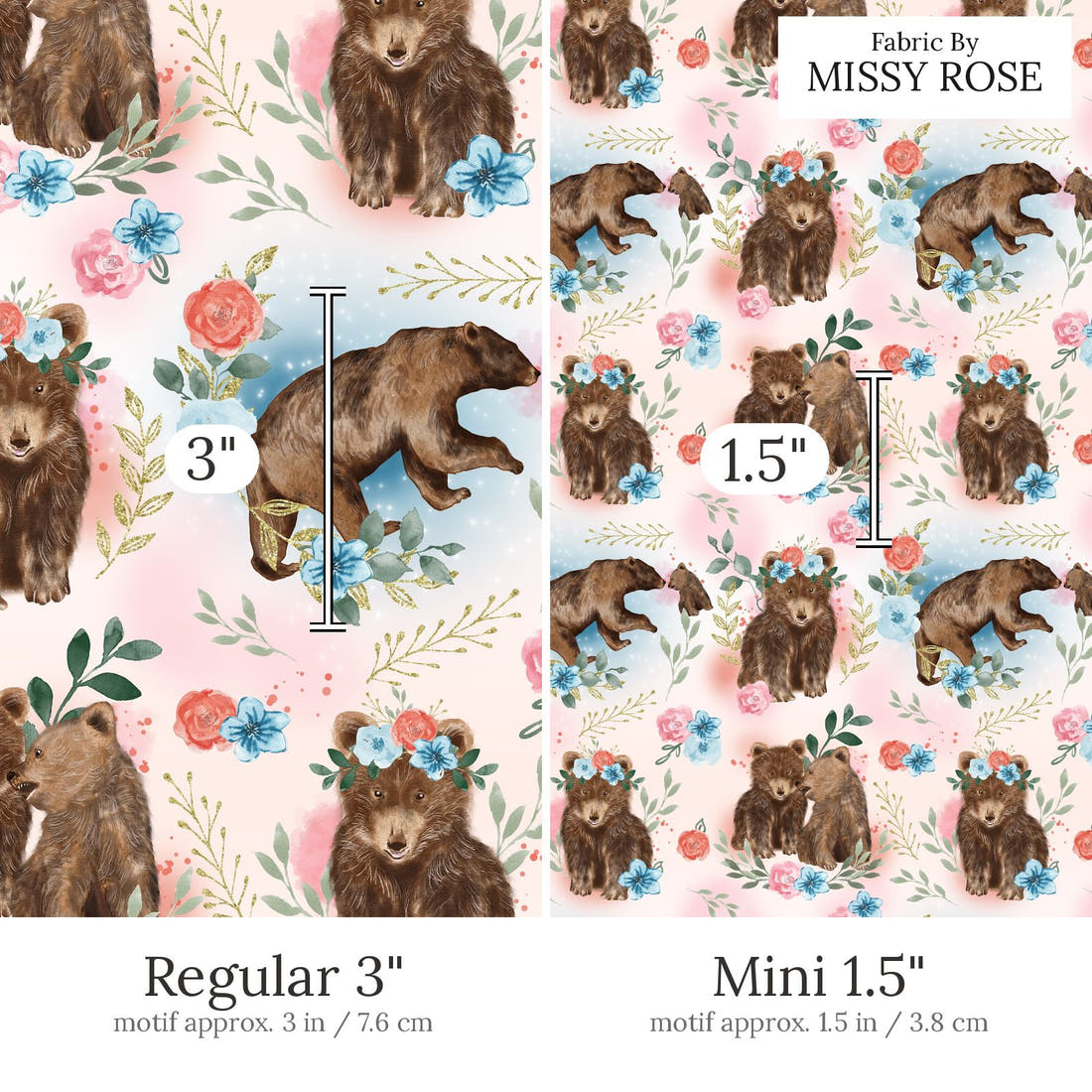 Design 598 Sweet Bear Fabric Regular 3 inch vs Mini 1.5 inch print scale side by side | Fabric by Missy Rose