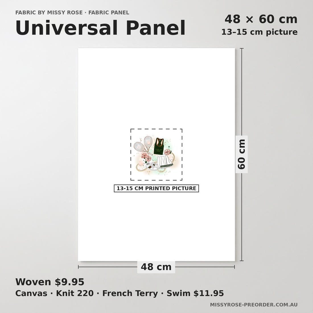 Design 599 Tennis Panel universal panel sizing – 13–15 cm printed picture on 48 × 60 cm fabric | Fabric by Missy Rose