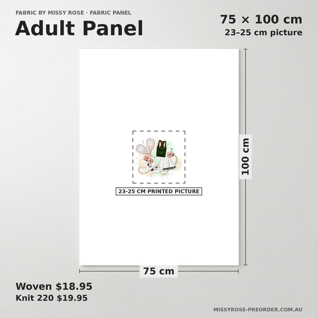 Design 599 Tennis Panel adult panel sizing – 23–25 cm printed picture on 75 × 100 cm fabric | Fabric by Missy Rose