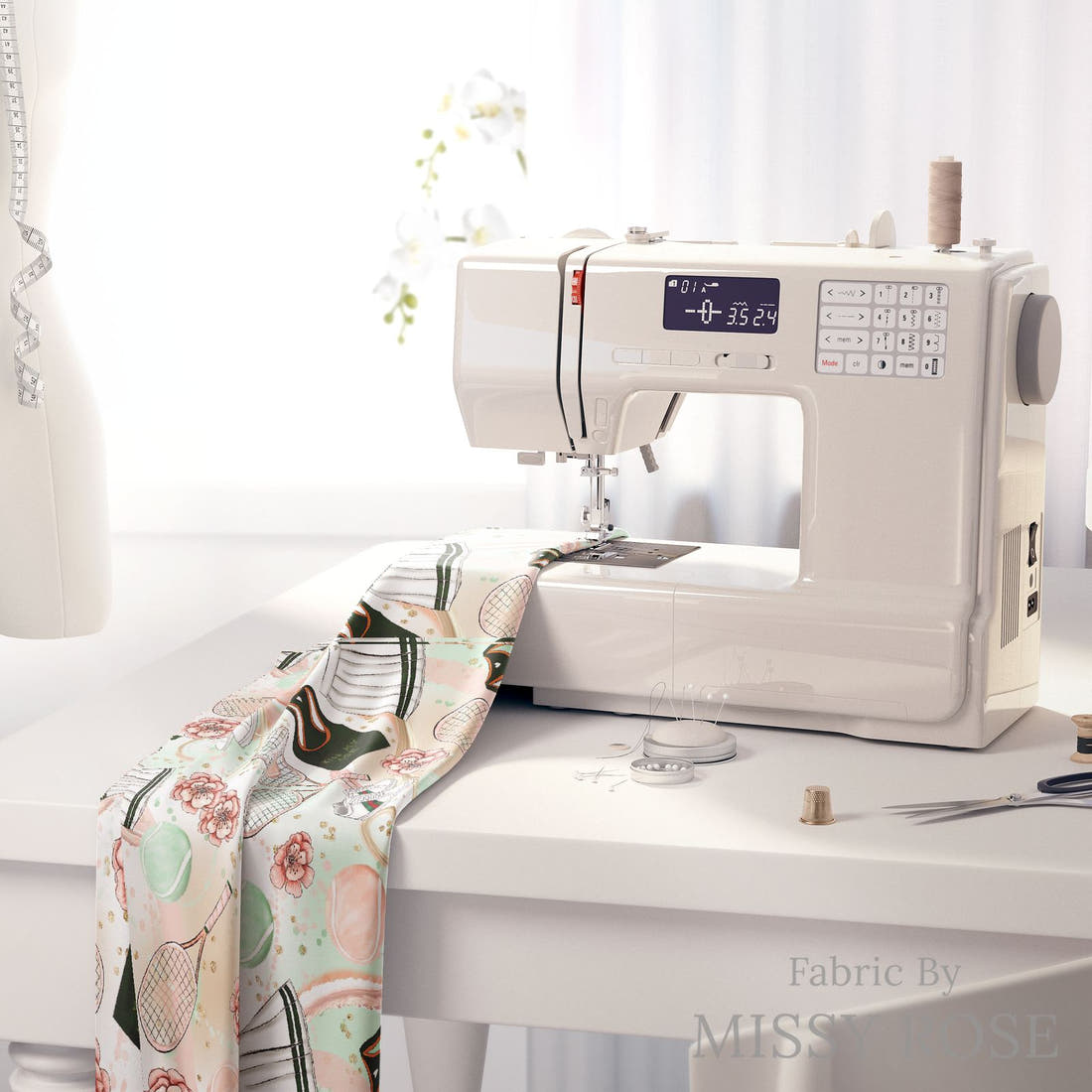 Design 599 Tennis Fabric on a sewing machine – premium fabric for sewing projects | Fabric by Missy Rose
