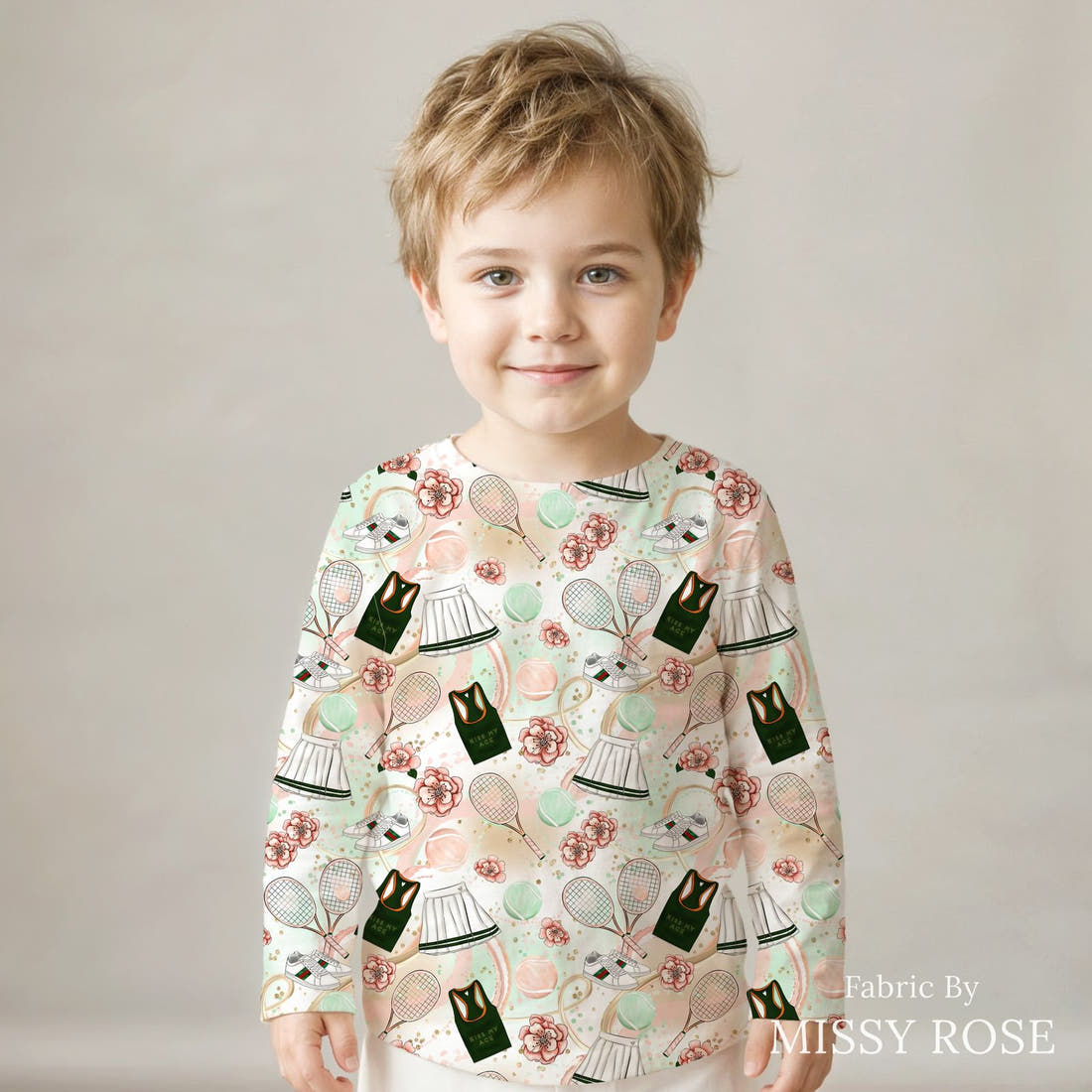 Design 599 Tennis Fabric sewn into a kids' long sleeve top – see how the print looks made up | Fabric by Missy Rose