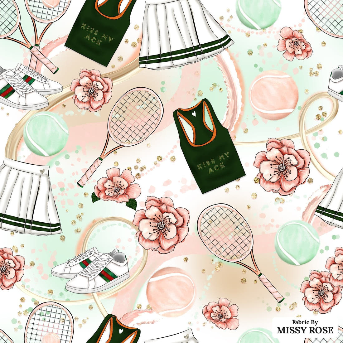 Design 599 Tennis Fabric - flat view of the print, zoom in for detail | Fabric by Missy Rose