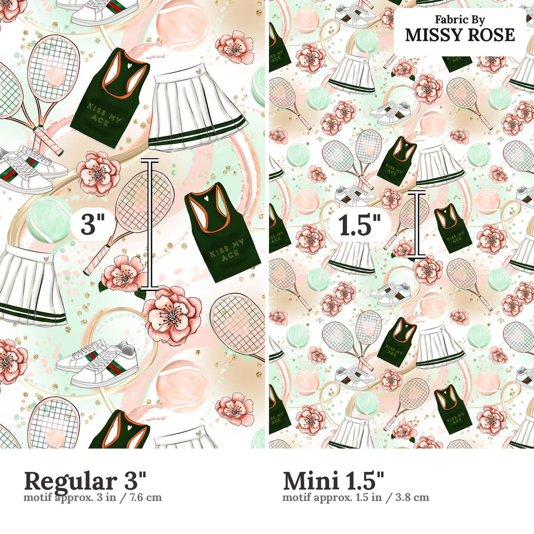 Design 599 Tennis Fabric size comparison - print scale | Fabric by Missy Rose