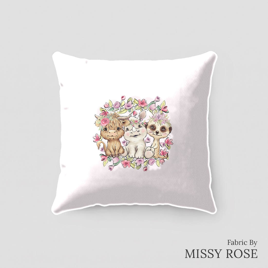 Design 6 Pink African Animals Panel sewn into a cushion – see how the panel looks made up | Fabric by Missy Rose
