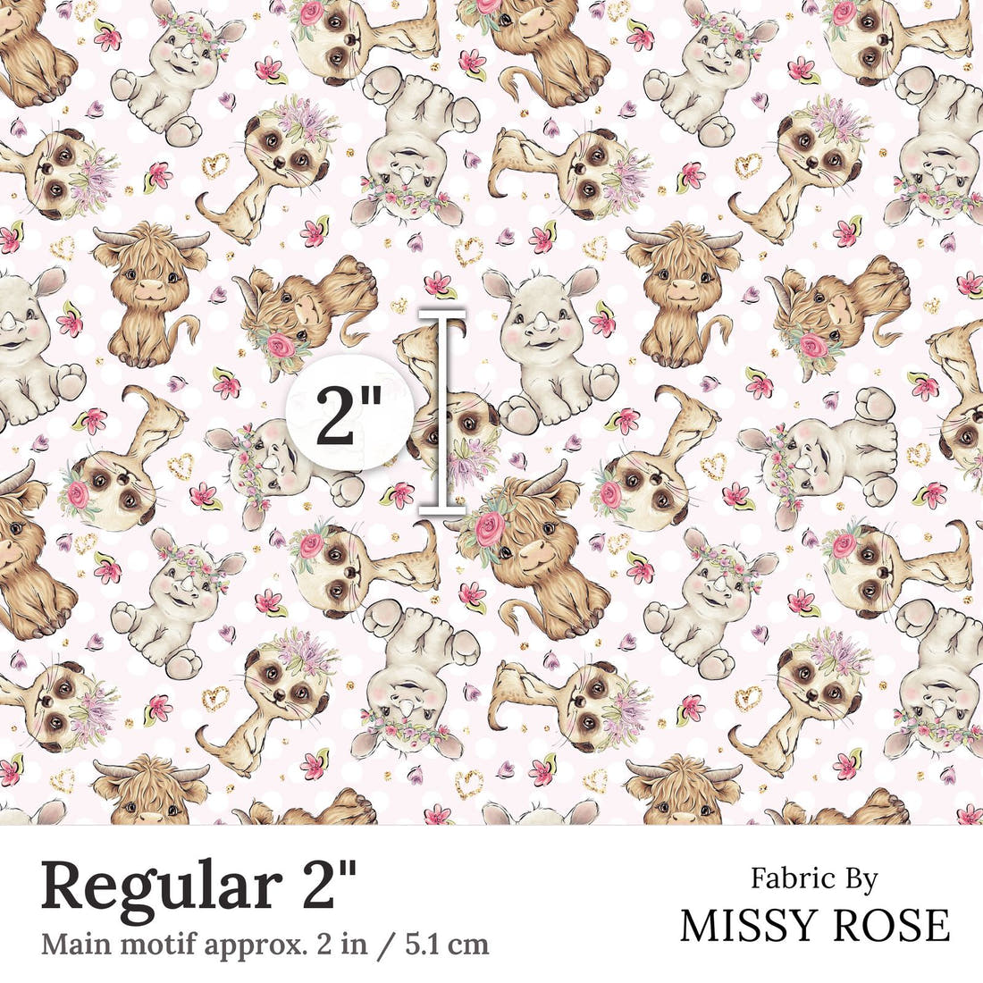 Design 6 Pink African Animals Fabric Regular 2 inch print scale guide | Fabric by Missy Rose