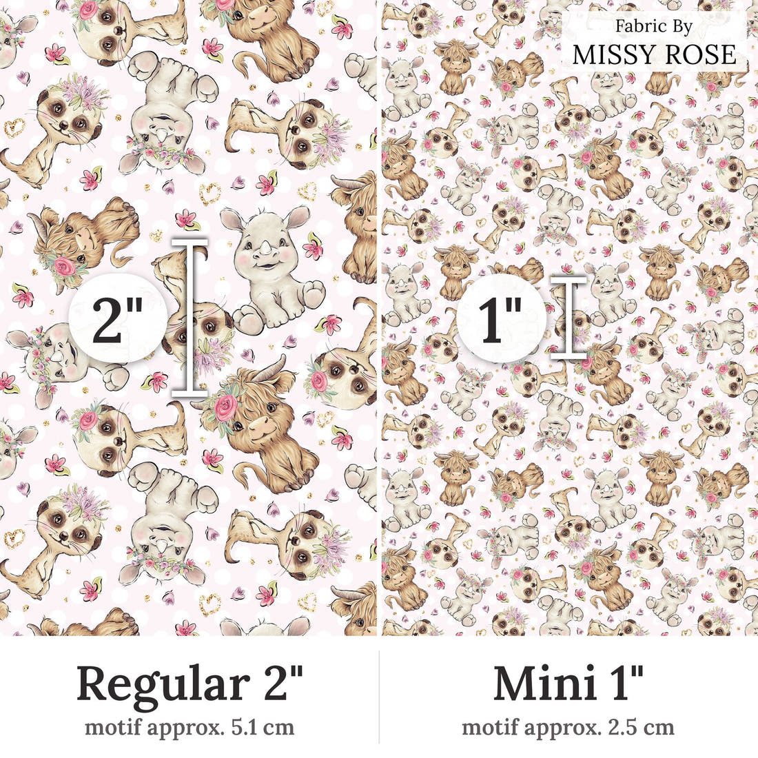 Design 6 Pink African Animals Fabric Regular 2 inch vs Mini 1 inch print scale side by side | Fabric by Missy Rose