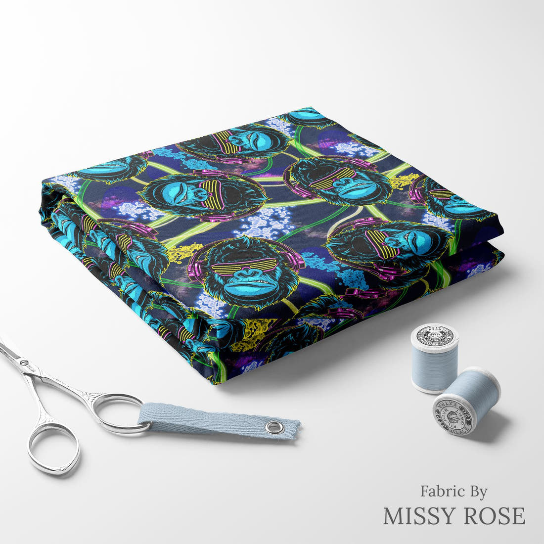 Design 60 Gorilla Fabric folded fabric stack with matching thread – pre-order fabric Australia | Fabric by Missy Rose