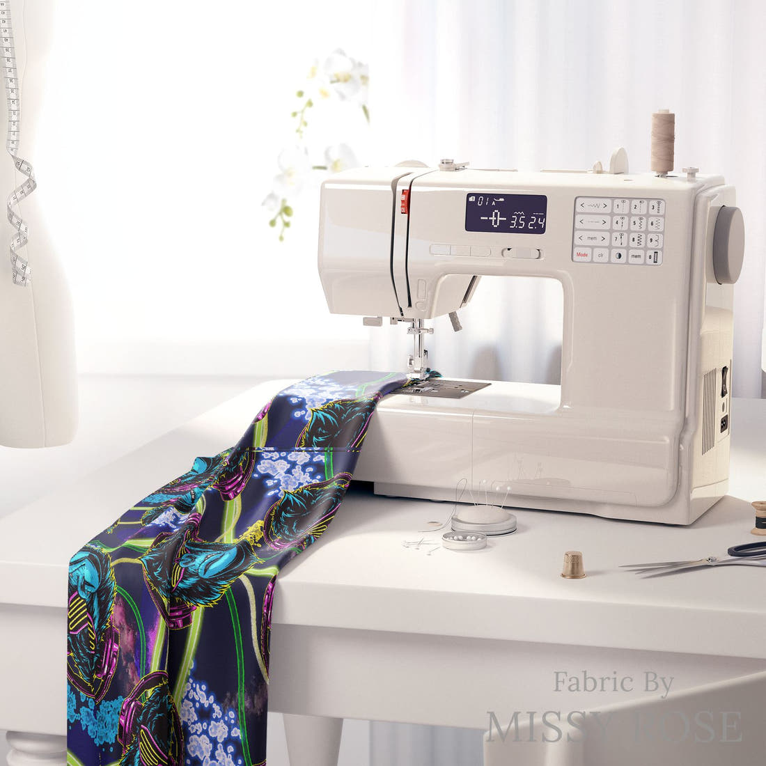 Design 60 Gorilla Fabric on a sewing machine – premium fabric for sewing projects | Fabric by Missy Rose