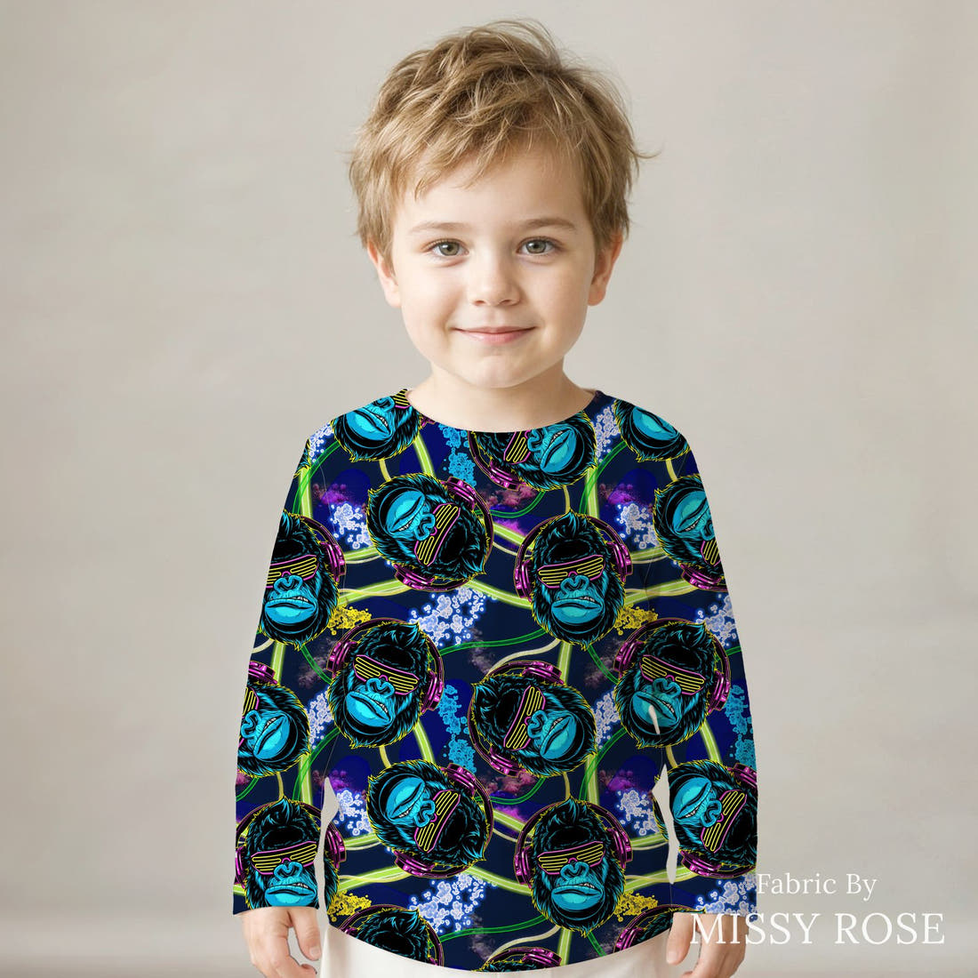 Design 60 Gorilla Fabric sewn into a kids' long sleeve top – see how the print looks made up | Fabric by Missy Rose