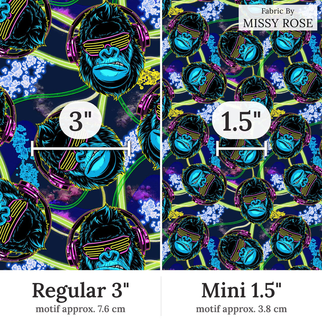 Design 60 Gorilla Fabric Regular 3 inch vs Mini 1.5 inch print scale side by side | Fabric by Missy Rose