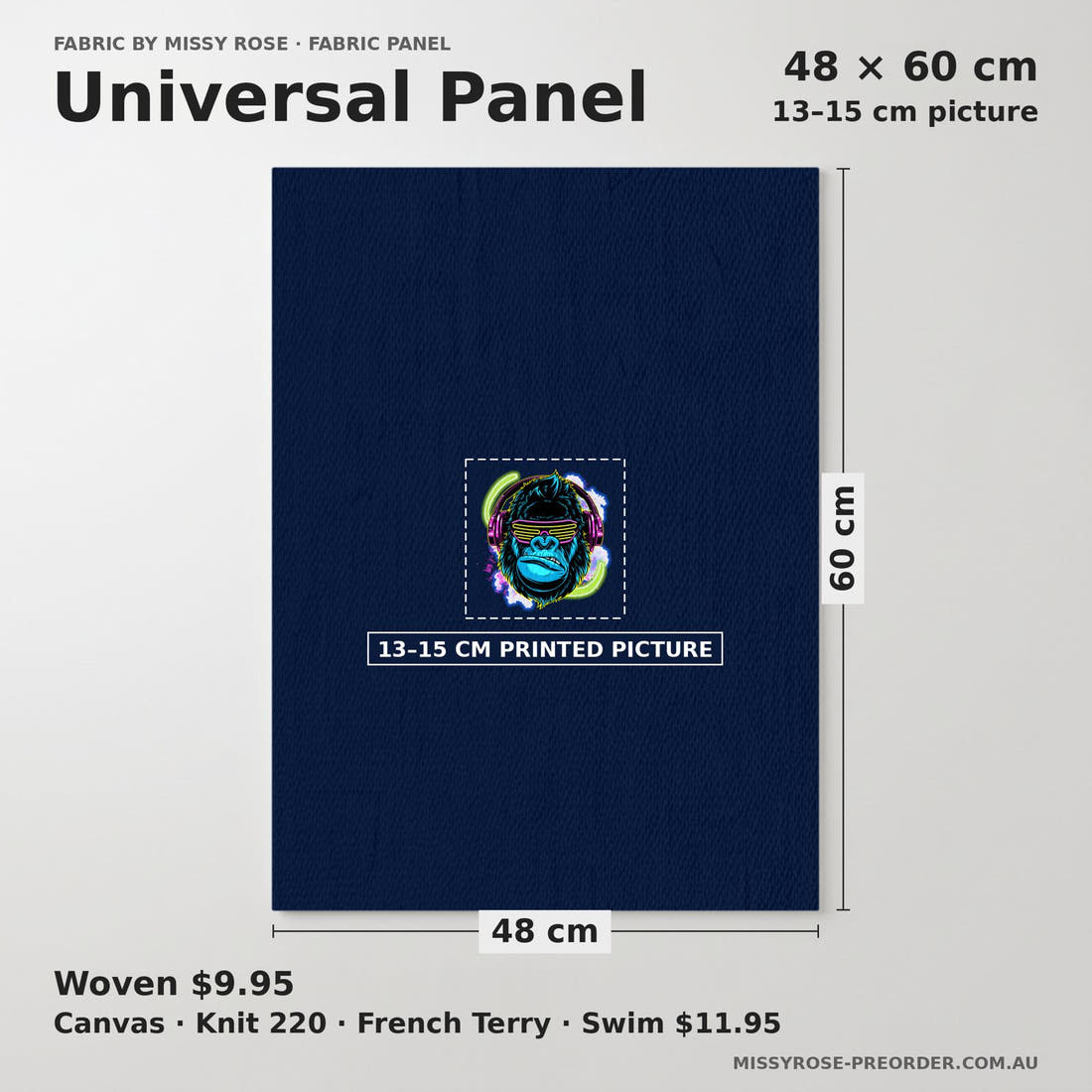 Design 60 Gorilla Panel universal panel sizing – 13–15 cm printed picture on 48 × 60 cm fabric | Fabric by Missy Rose