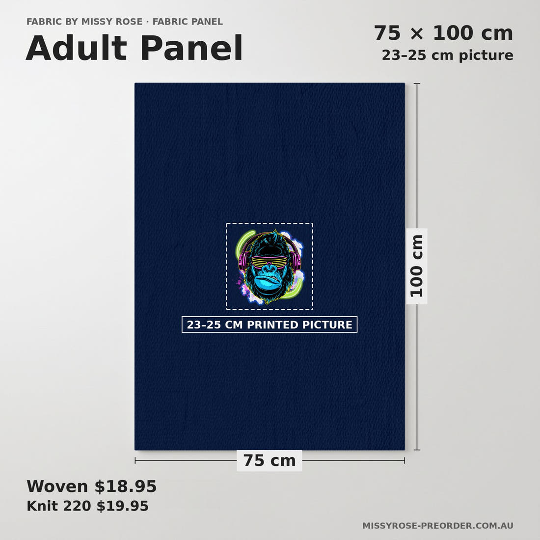 Design 60 Gorilla Panel adult panel sizing – 23–25 cm printed picture on 75 × 100 cm fabric | Fabric by Missy Rose