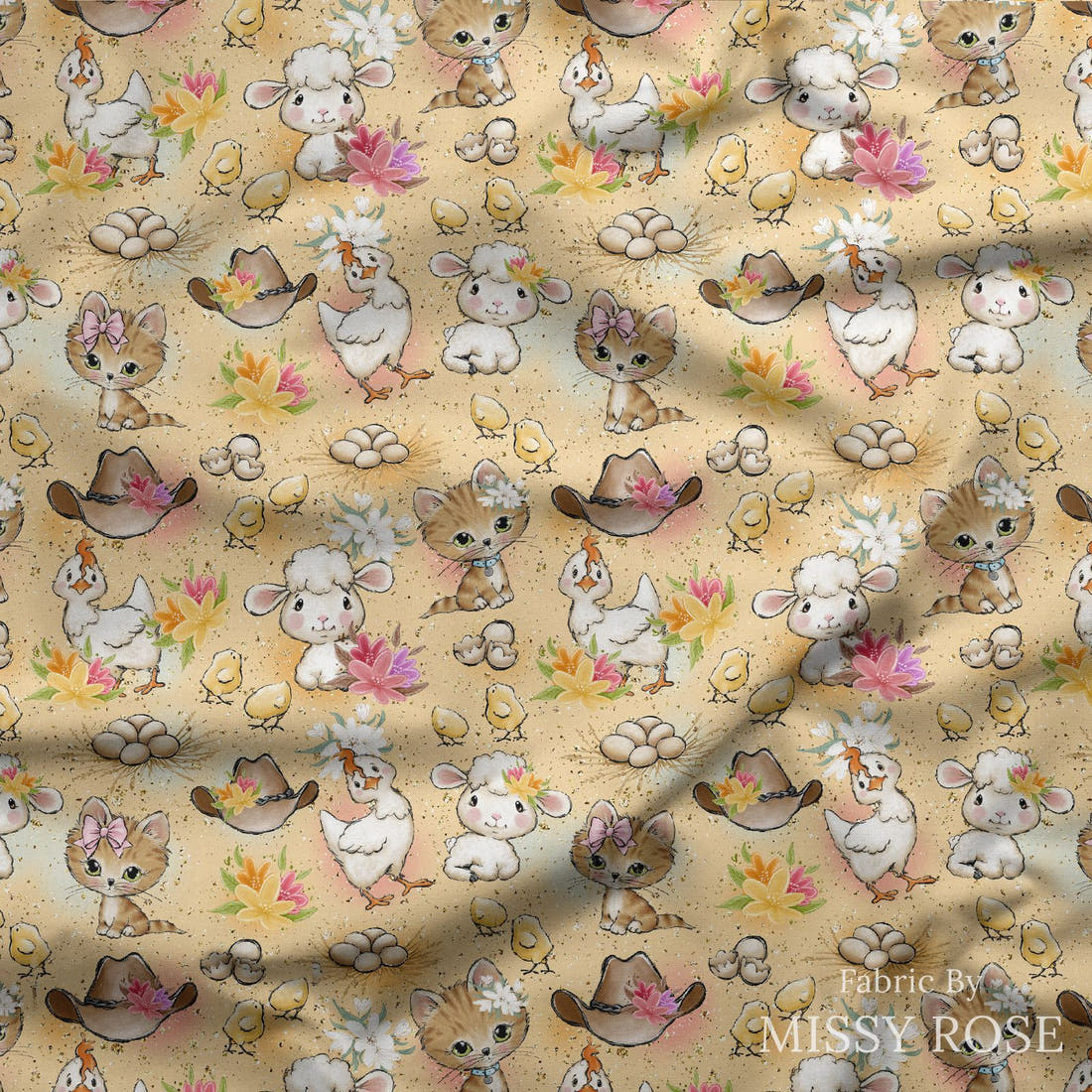 Design 600 Farm Girl Fabric draped fabric mockup – custom printed fabric by the metre | Fabric by Missy Rose