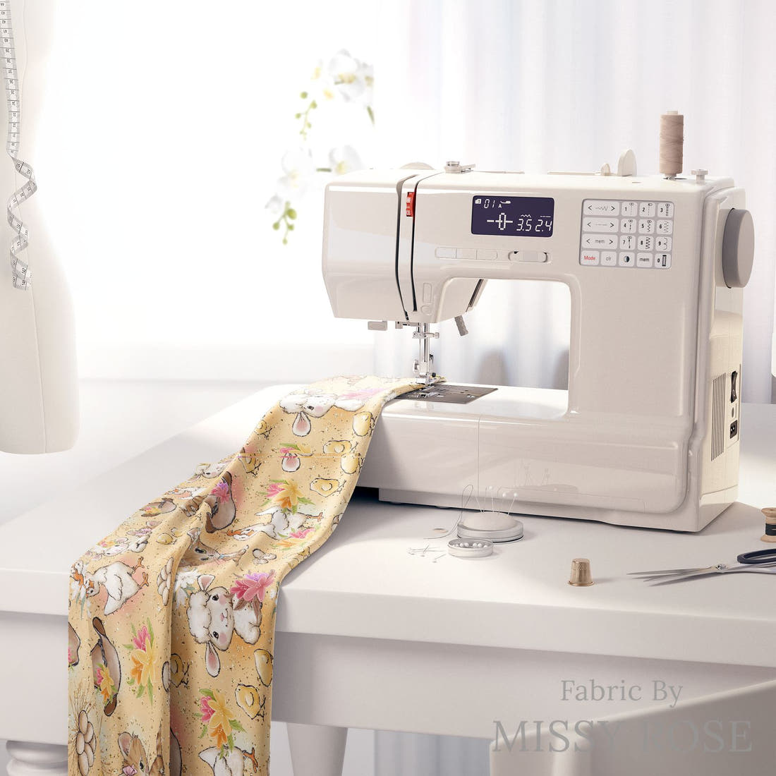 Design 600 Farm Girl Fabric on a sewing machine – premium fabric for sewing projects | Fabric by Missy Rose