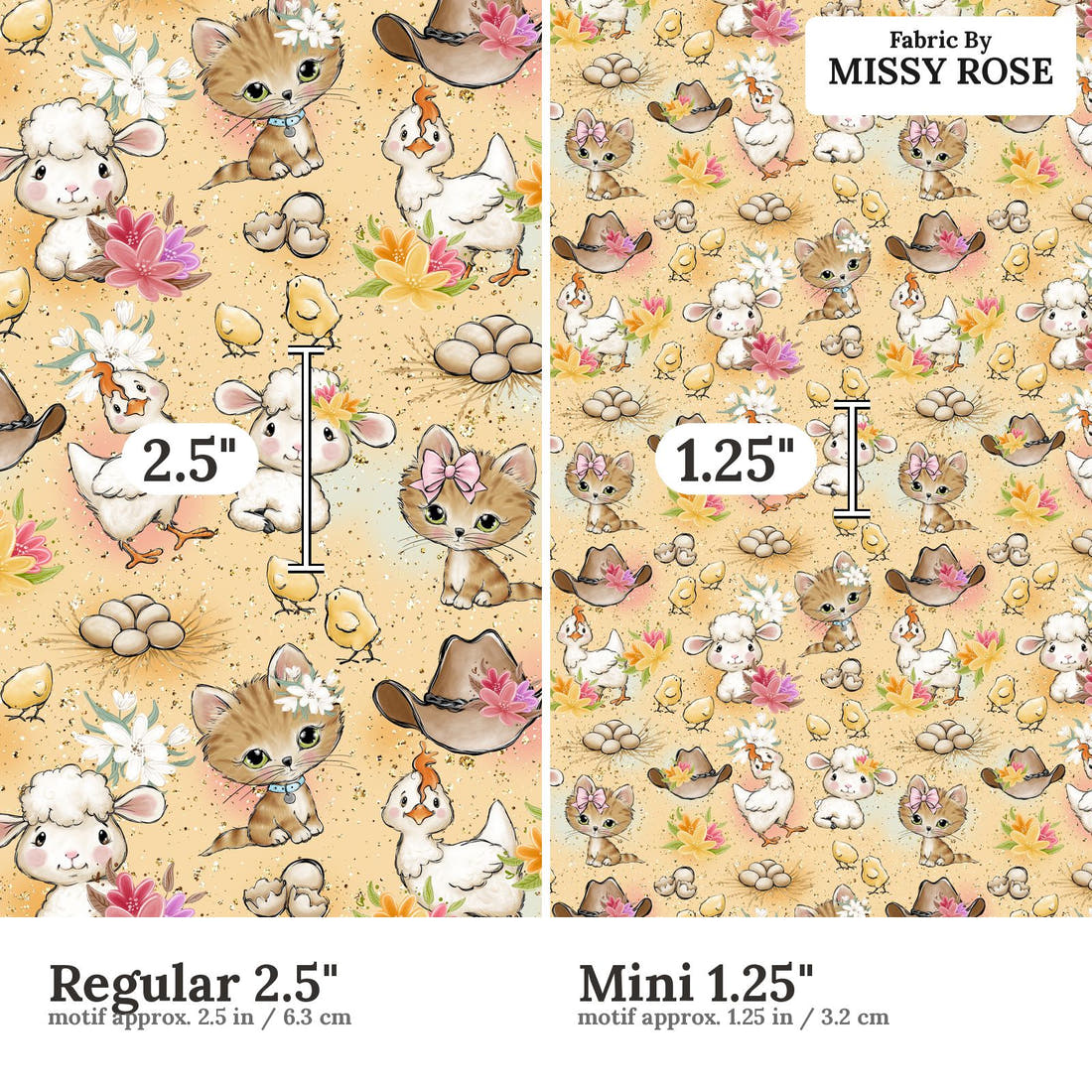 Design 600 Farm Girl Fabric size comparison - print scale | Fabric by Missy Rose